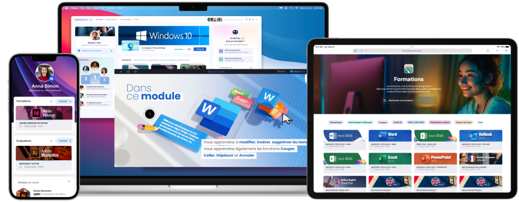 Illustration de la plateforme LMS OnlineCompétences affichée sur divers appareils